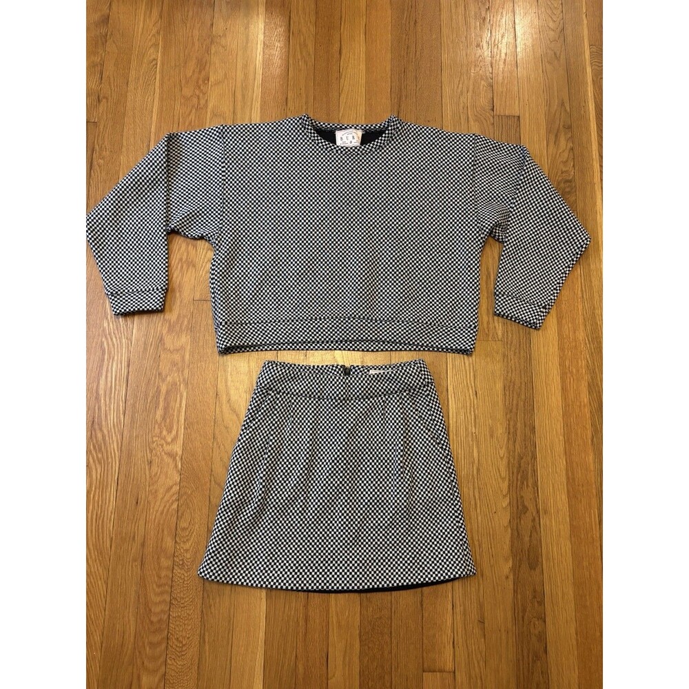 Buru 2 Piece Set Black White Checker Gingham Knit Mini Skirt Sweater Top XS/S